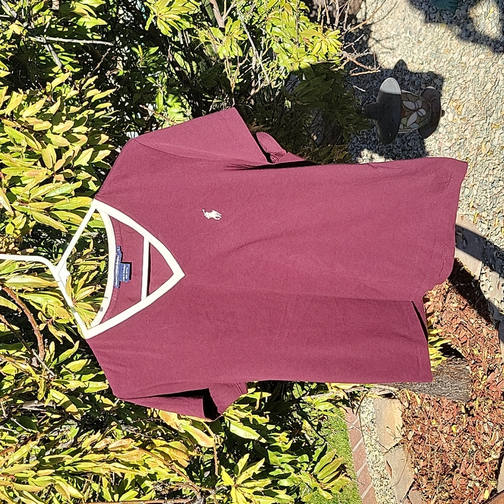 Ralph Lauren Sport 100% Cotton V-neck Tshirt Women Size Large Maroon Cream